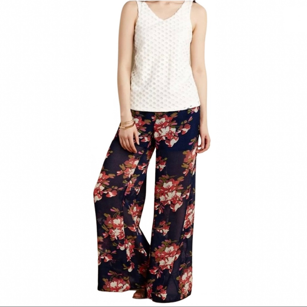 Anthro Elevenses Fire Lily Wide Legs Pants Sheer in blue with red florals size S - Picture 3 of 13